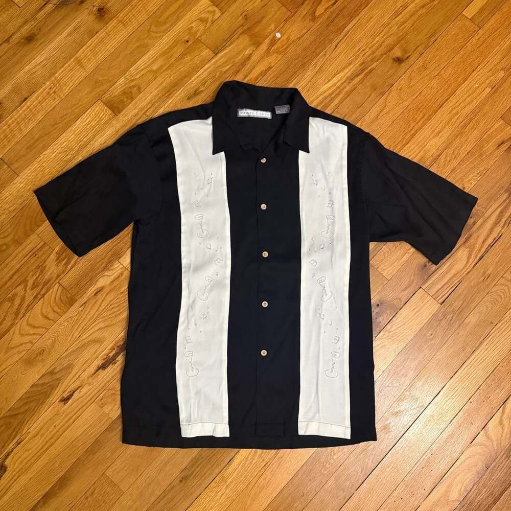 Monte Carlo Bowling Shirt Men's M Black White Music Note Embroidered Camp Collar